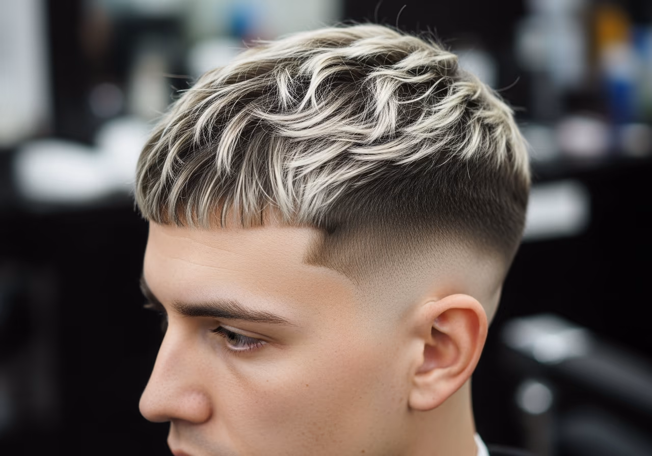 Highlighted Caesar hairstyle for men 2026 — haircuts for round faces variation, best for round faces + straight or thick hair, modern barbering by Master Stylist Jessica Hamilton