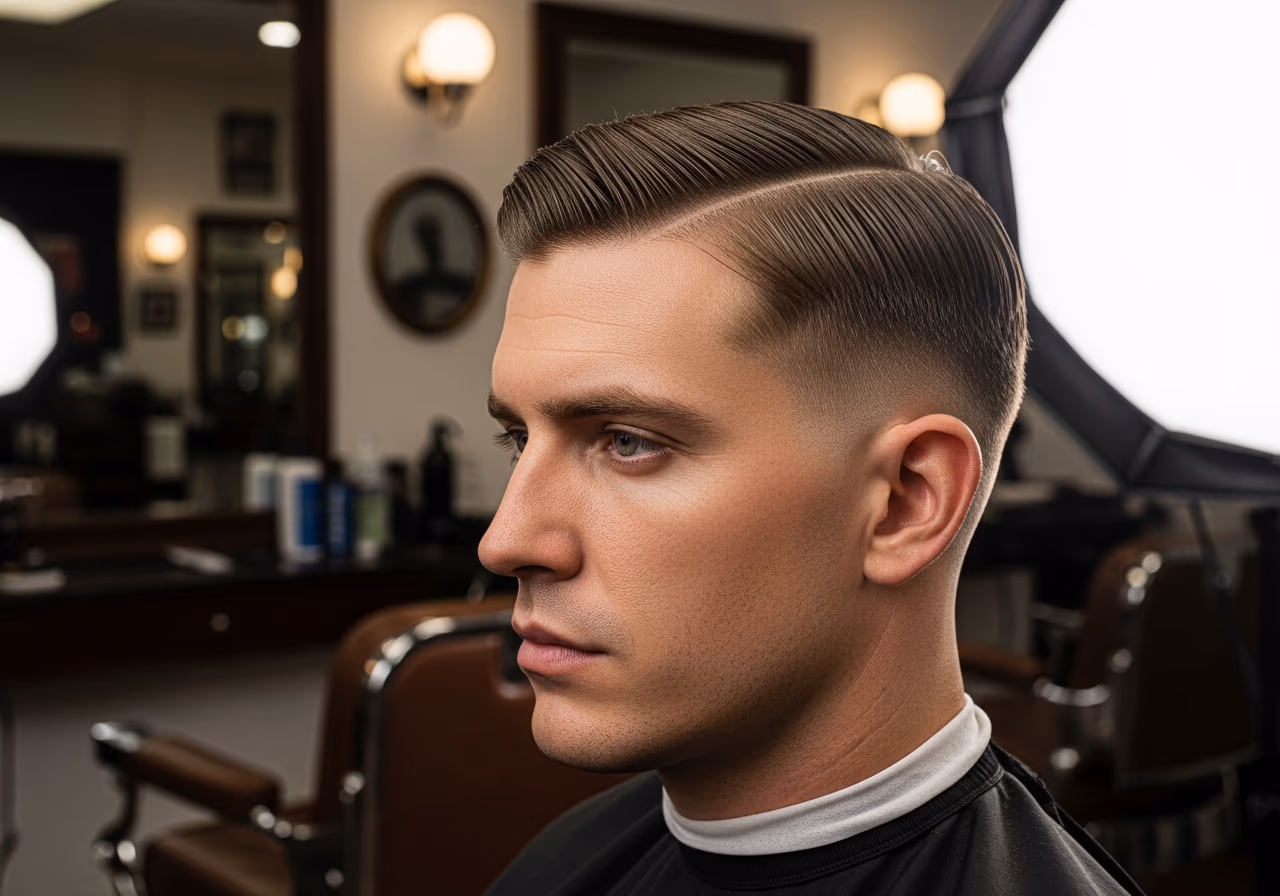 Ivy League hairstyle for men 2026 — haircuts for round faces variation, best for round faces + straight or fine hair, modern barbering by Master Stylist Jessica Hamilton