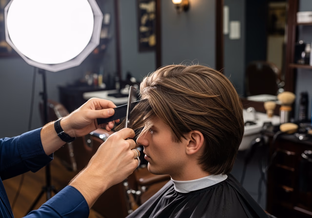 Layered Mid-Length Cut hairstyle for men 2026 — haircuts for round faces variation, best for round faces + straight or wavy hair, modern barbering by Master Stylist Jessica Hamilton