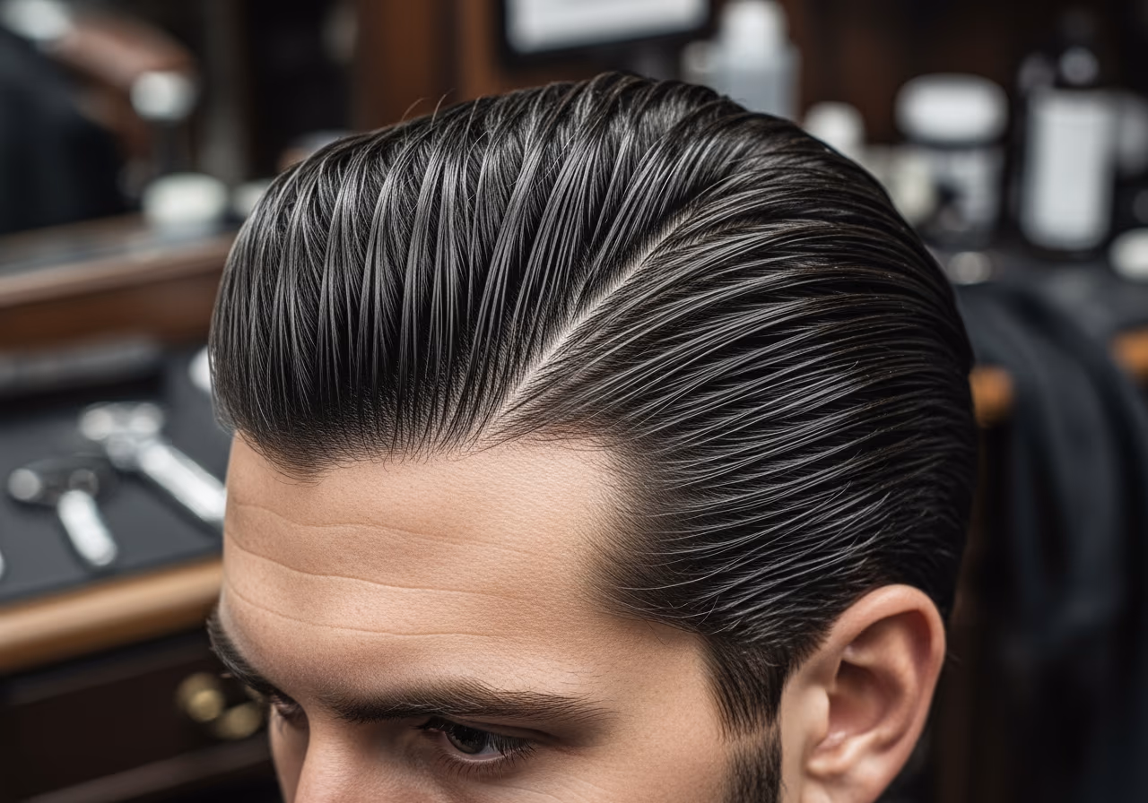 Long Slicked-Back hairstyle for men 2026 — haircuts for round faces variation, best for round faces + long straight hair, modern barbering by Master Stylist Jessica Hamilton