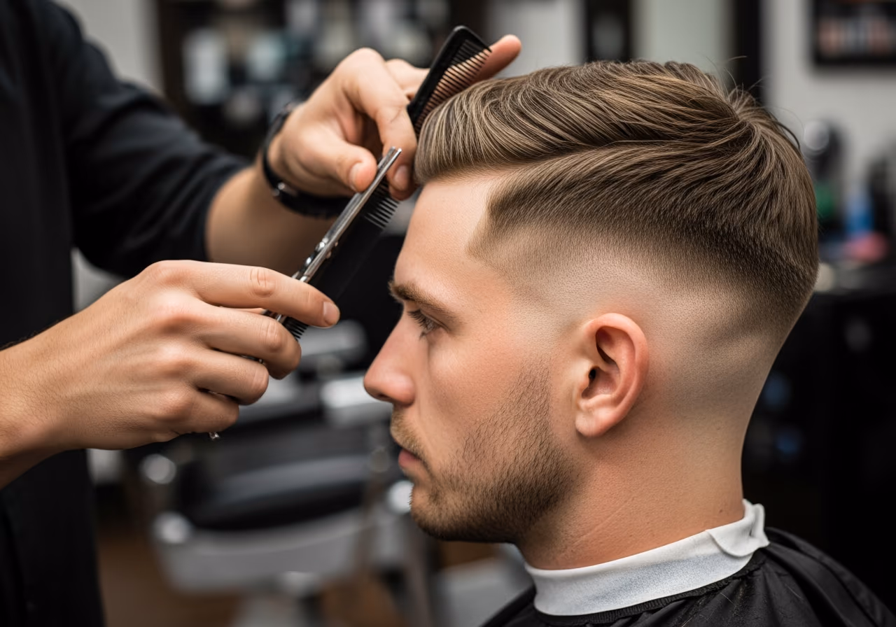 Low Fade hairstyle for men 2026 — haircuts for round faces variation, best for round faces + all hair types. best for professional environments, modern barbering by Master Stylist Jessica Hamilton