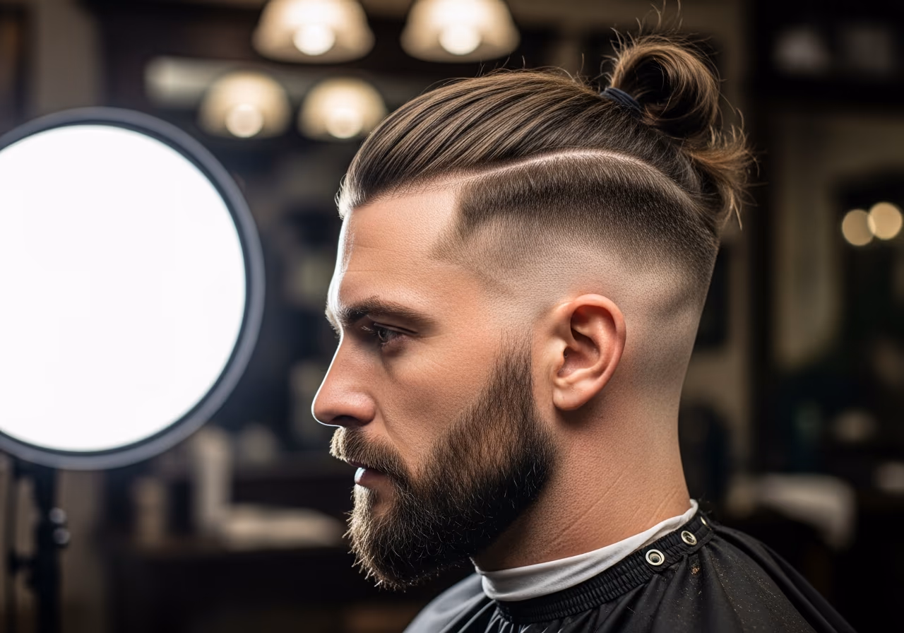Man Bun with Undercut hairstyle for men 2026 — haircuts for round faces variation, best for round faces + long straight or wavy hair, modern barbering by Master Stylist Jessica Hamilton