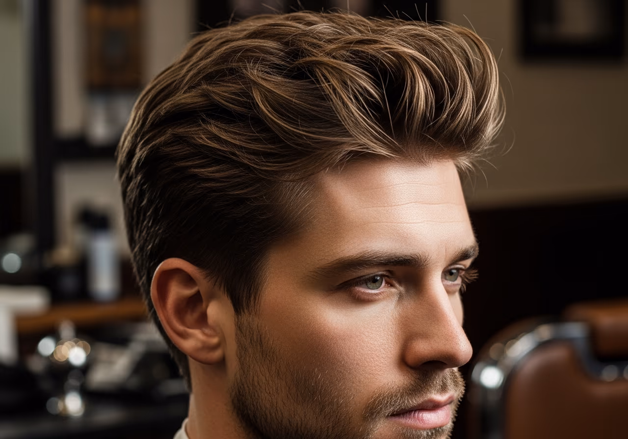 Messy Quiff hairstyle for men 2026 — haircuts for round faces variation, best for round faces + wavy or thick hair, modern barbering by Master Stylist Jessica Hamilton