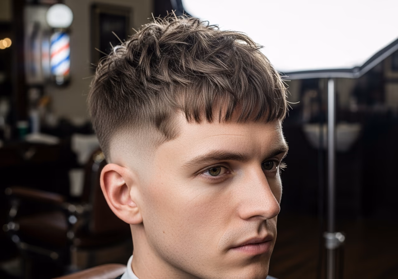 Messy Textured Crop hairstyle for men 2026 — haircuts for round faces variation, best for round faces + wavy or thick hair, modern barbering by Master Stylist Jessica Hamilton