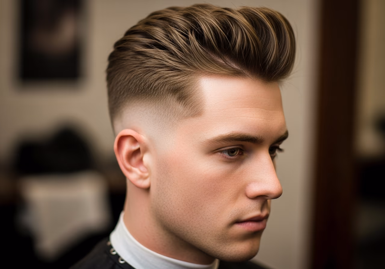 Mid-Fade Quiff hairstyle for men 2026 — haircuts for round faces variation, best for round faces + straight, wavy, or thick hair, modern barbering by Master Stylist Jessica Hamilton