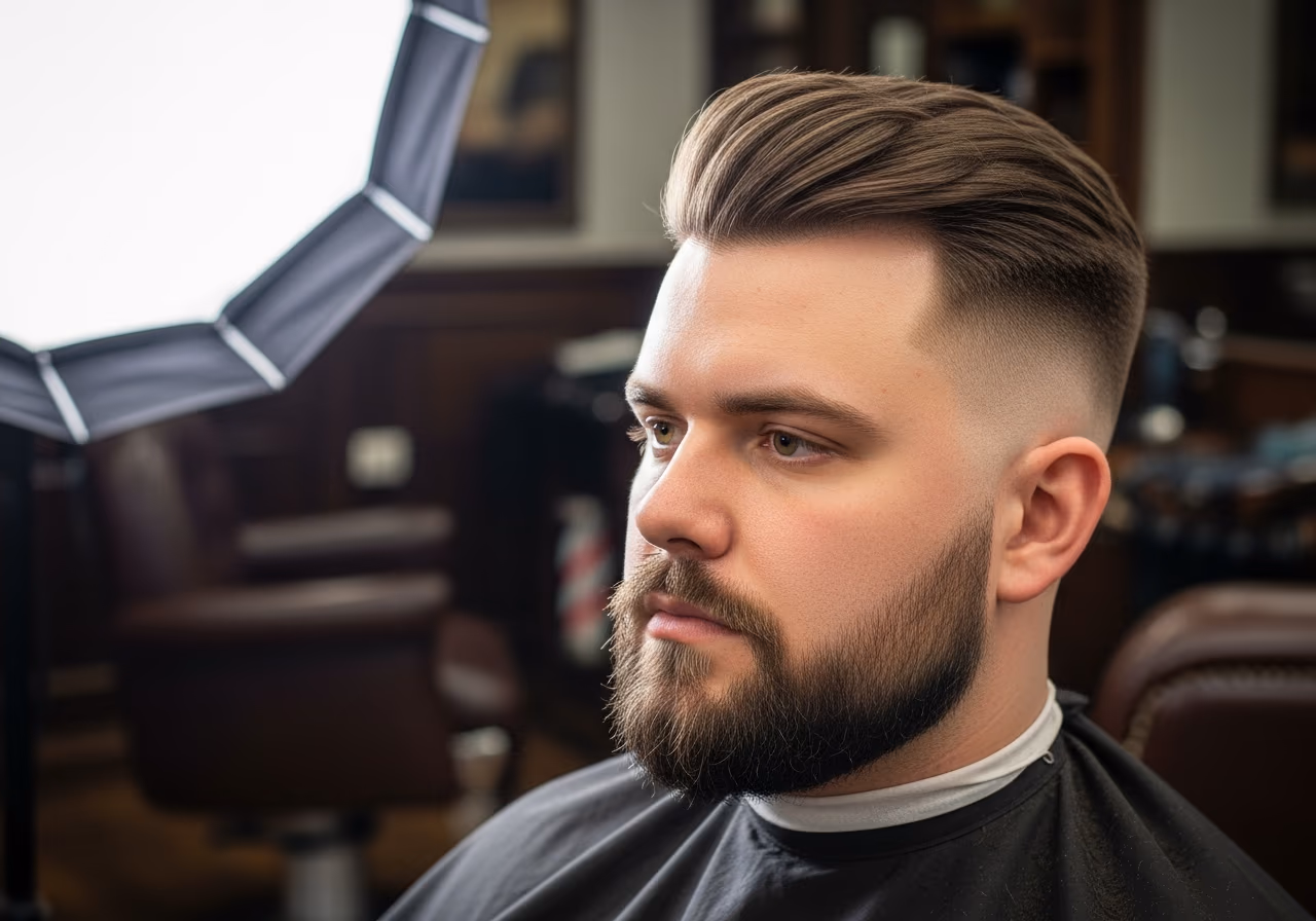 Mid Fade hairstyle for men 2026 — haircuts for round faces variation, best for round faces + straight, wavy, or curly hair, modern barbering by Master Stylist Jessica Hamilton