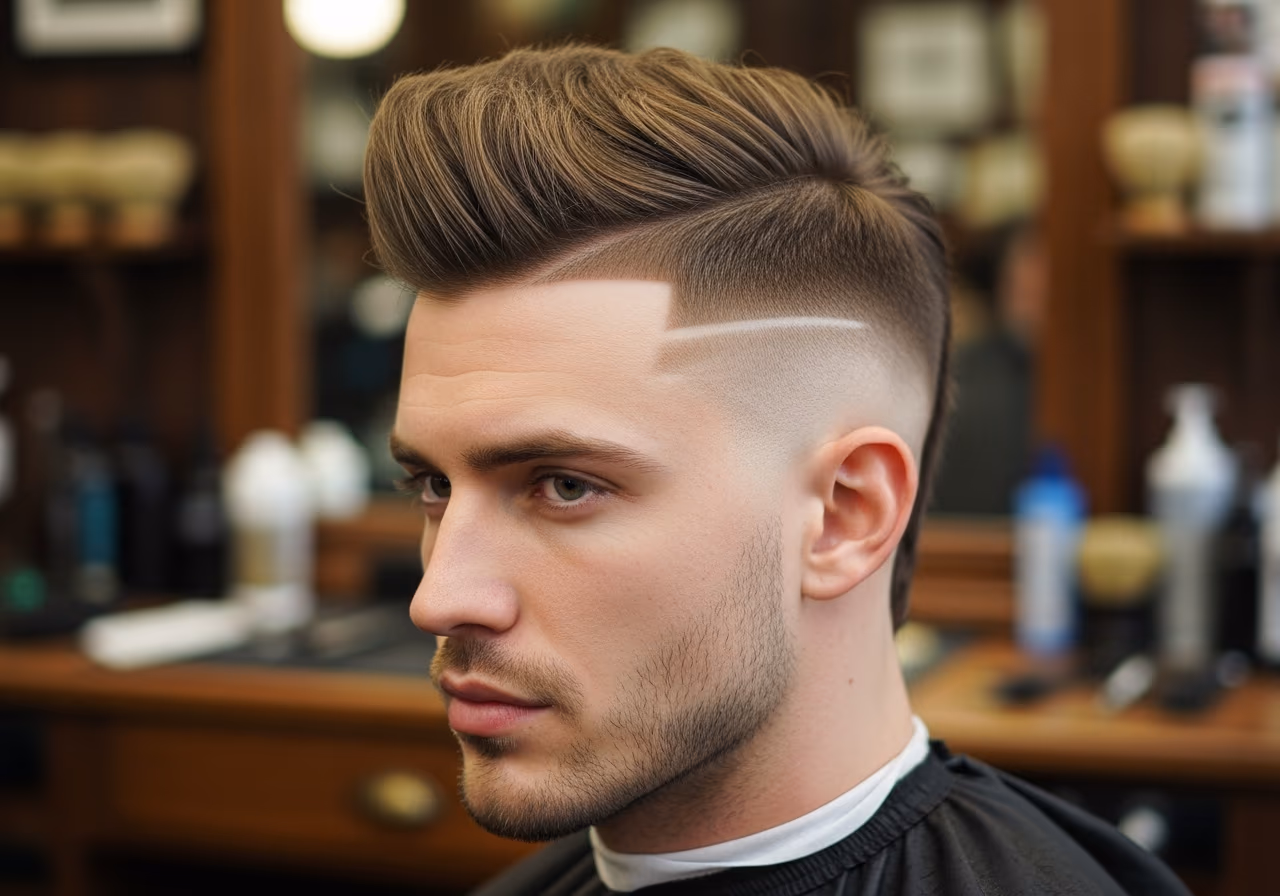 Modern Mohawk Fade hairstyle for men 2026 — haircuts for round faces variation, best for round faces + thick or straight hair, modern barbering by Master Stylist Jessica Hamilton