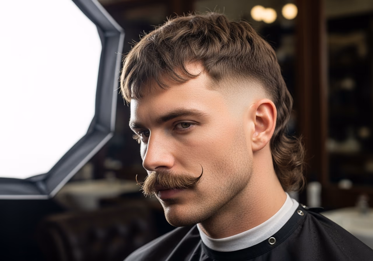 Mullet with Mustache hairstyle for men 2026 — haircuts for round faces variation, best for round faces + wavy or straight hair, modern barbering by Master Stylist Jessica Hamilton