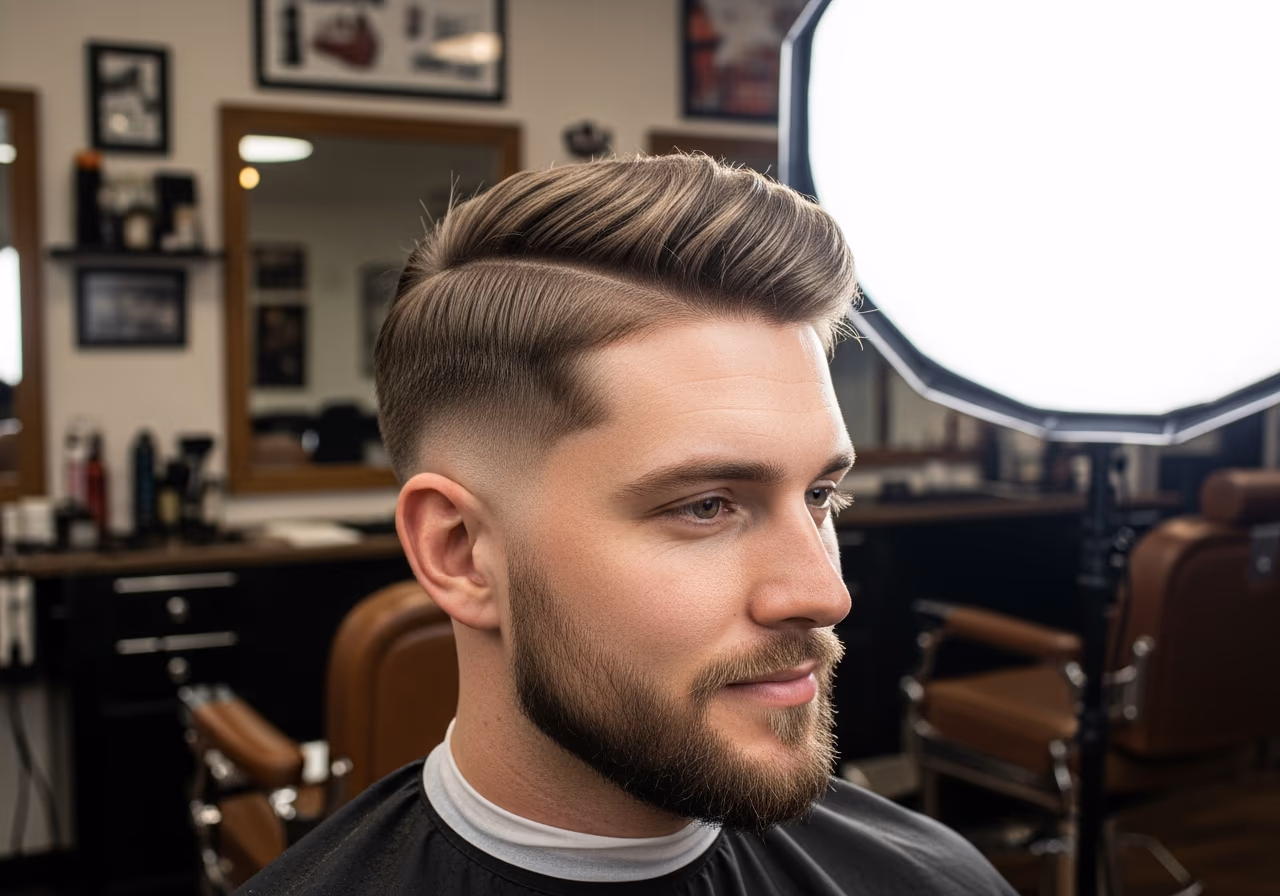Off-Center Parting hairstyle for men 2026 — haircuts for round faces variation, best for round faces + straight or wavy hair, modern barbering by Master Stylist Jessica Hamilton