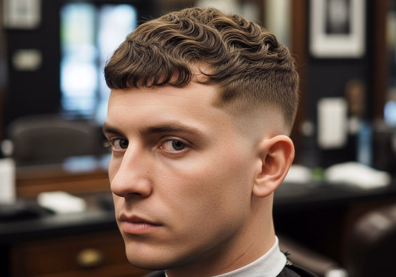 Short Wavy Crop hairstyle for men 2026 — haircuts for round faces variation, best for round faces + wavy (2a–2c) hair, modern barbering by Master Stylist Jessica Hamilton