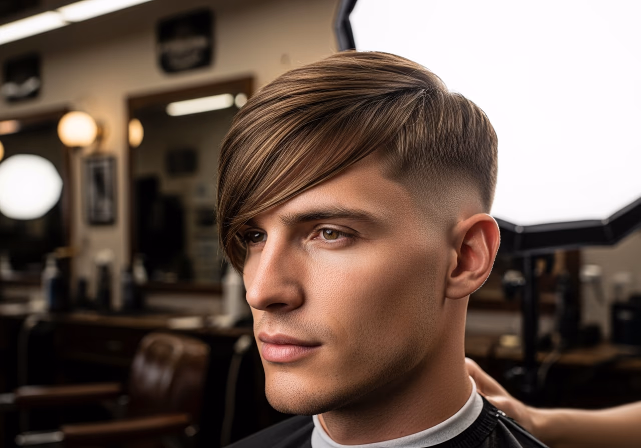 Side-Swept Bangs hairstyle for men 2026 — haircuts for round faces variation, best for round faces + straight or wavy hair, modern barbering by Master Stylist Jessica Hamilton