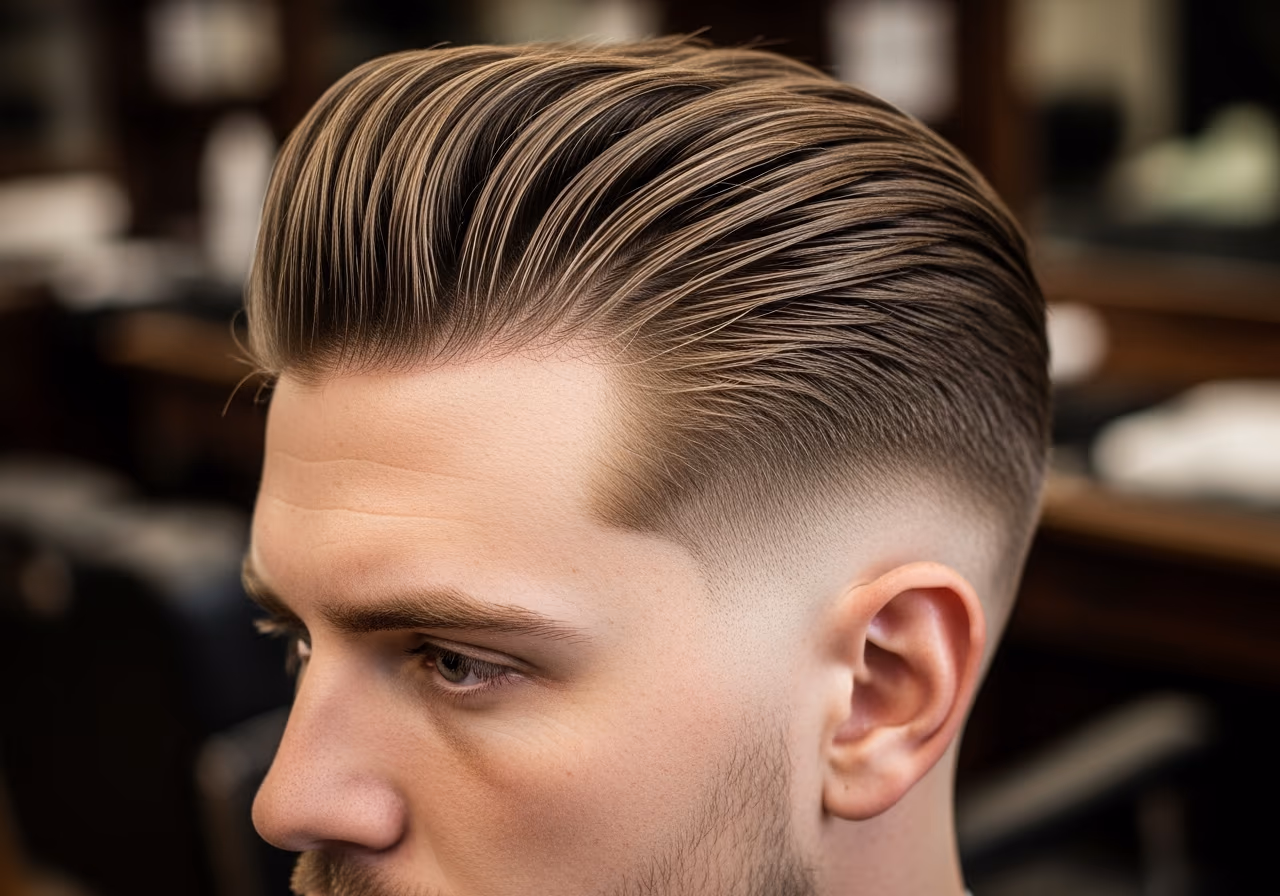 Slicked-Back Pompadour hairstyle for men 2026 — haircuts for round faces variation, best for round faces + straight or fine hair, modern barbering by Master Stylist Jessica Hamilton