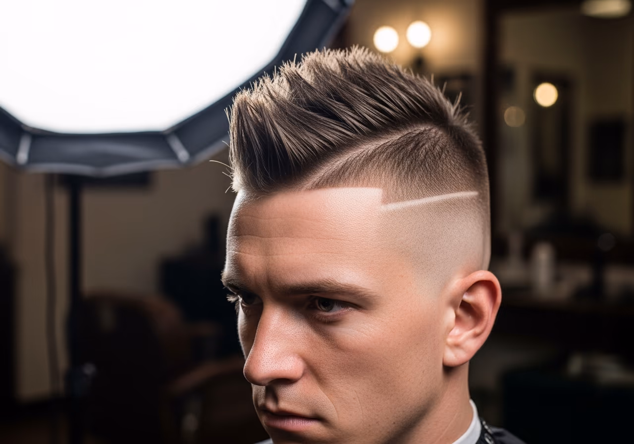 Spiky Faux Hawk hairstyle for men 2026 — haircuts for round faces variation, best for round faces + straight or thick hair, modern barbering by Master Stylist Jessica Hamilton