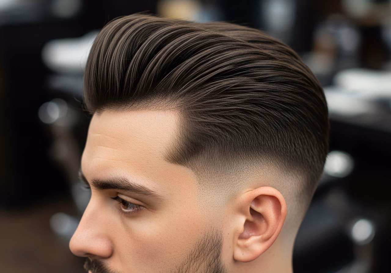 Tapered Pompadour hairstyle for men 2026 — haircuts for round faces variation, best for round faces + straight or thick hair, modern barbering by Master Stylist Jessica Hamilton