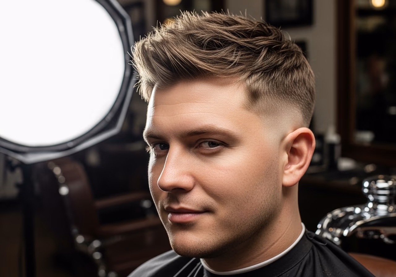 Textured Crop hairstyle for men 2026 — haircuts for round faces variation, best for round faces + straight, wavy, or thick hair, modern barbering by Master Stylist Jessica Hamilton