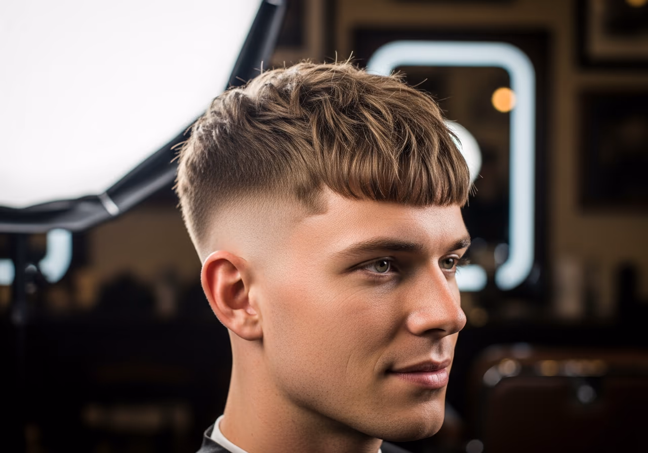 Textured French Crop hairstyle for men 2026 — haircuts for round faces variation, best for round faces + straight or thick hair, modern barbering by Master Stylist Jessica Hamilton