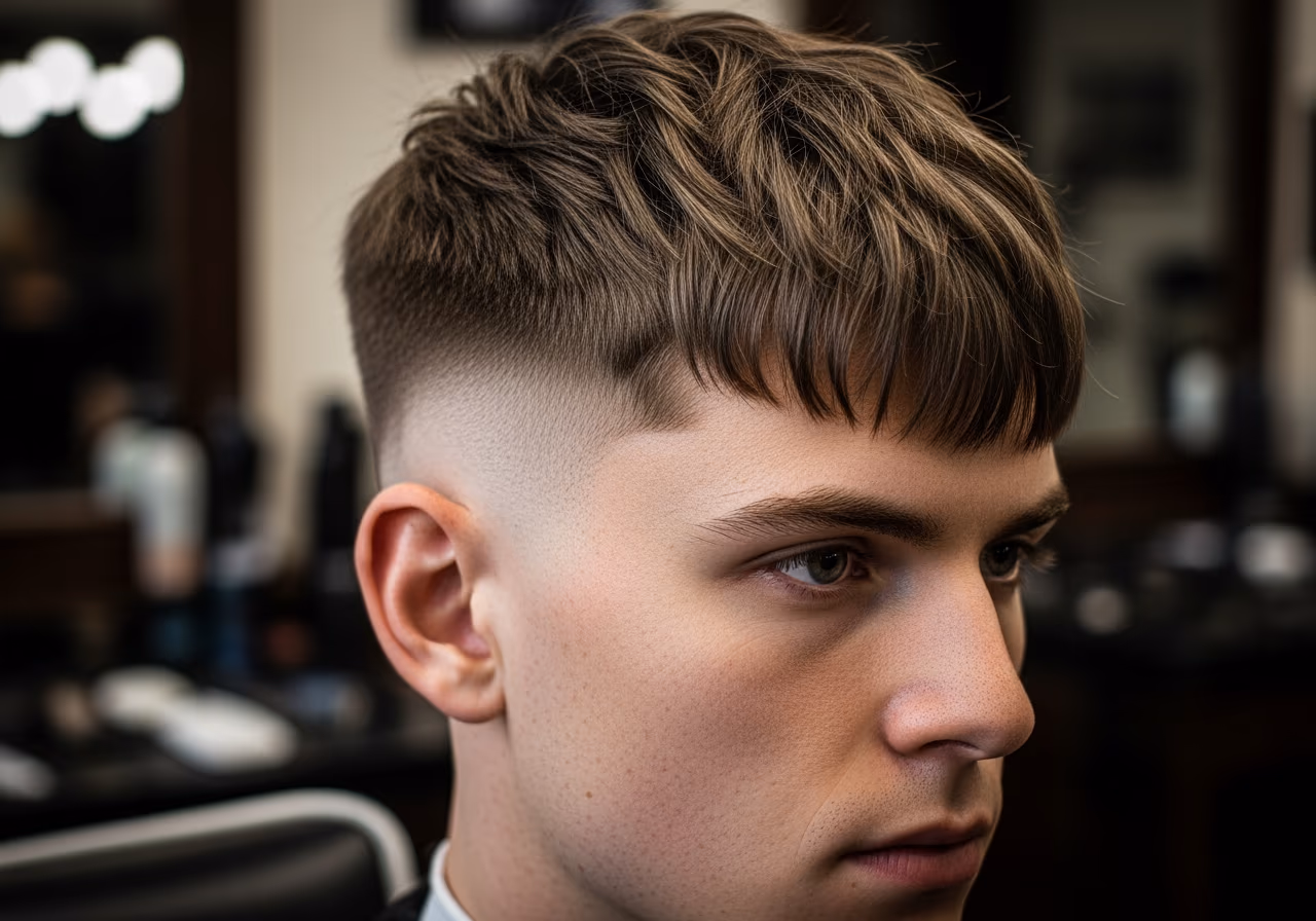 Textured Fringe with High Fade hairstyle for men 2026 — haircuts for round faces variation, best for round faces + thick hair, modern barbering by Master Stylist Jessica Hamilton