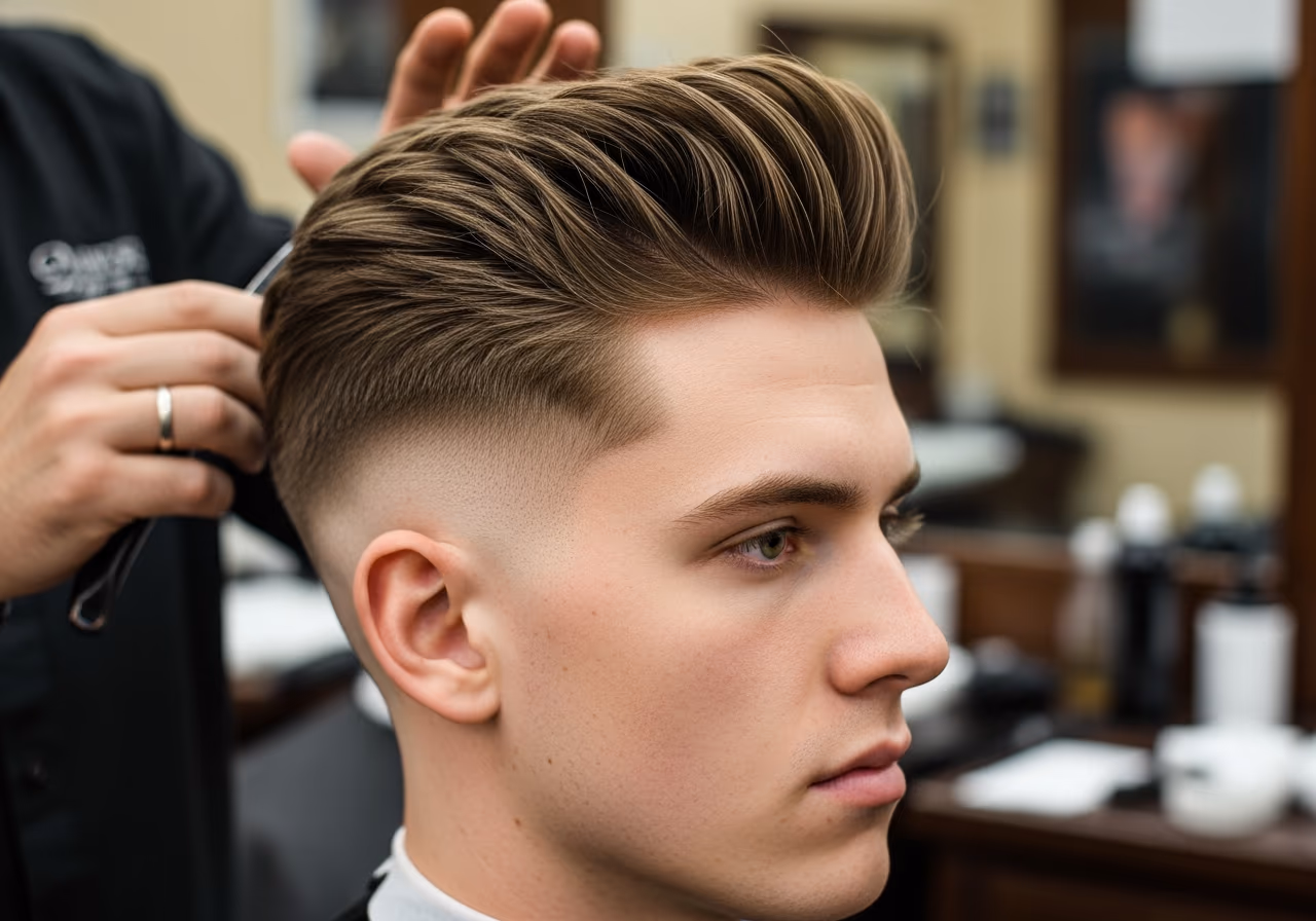 Textured Quiff hairstyle for men 2026 — haircuts for round faces variation, best for round faces + straight or wavy hair, modern barbering by Master Stylist Jessica Hamilton
