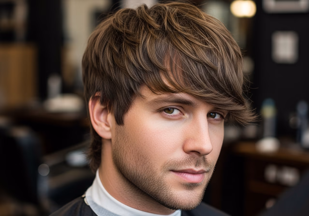 Textured Shag with Side-Swept Bangs hairstyle for men 2026 — haircuts for round faces variation, best for round faces + wavy or thick hair, modern barbering by Master Stylist Jessica Hamilton