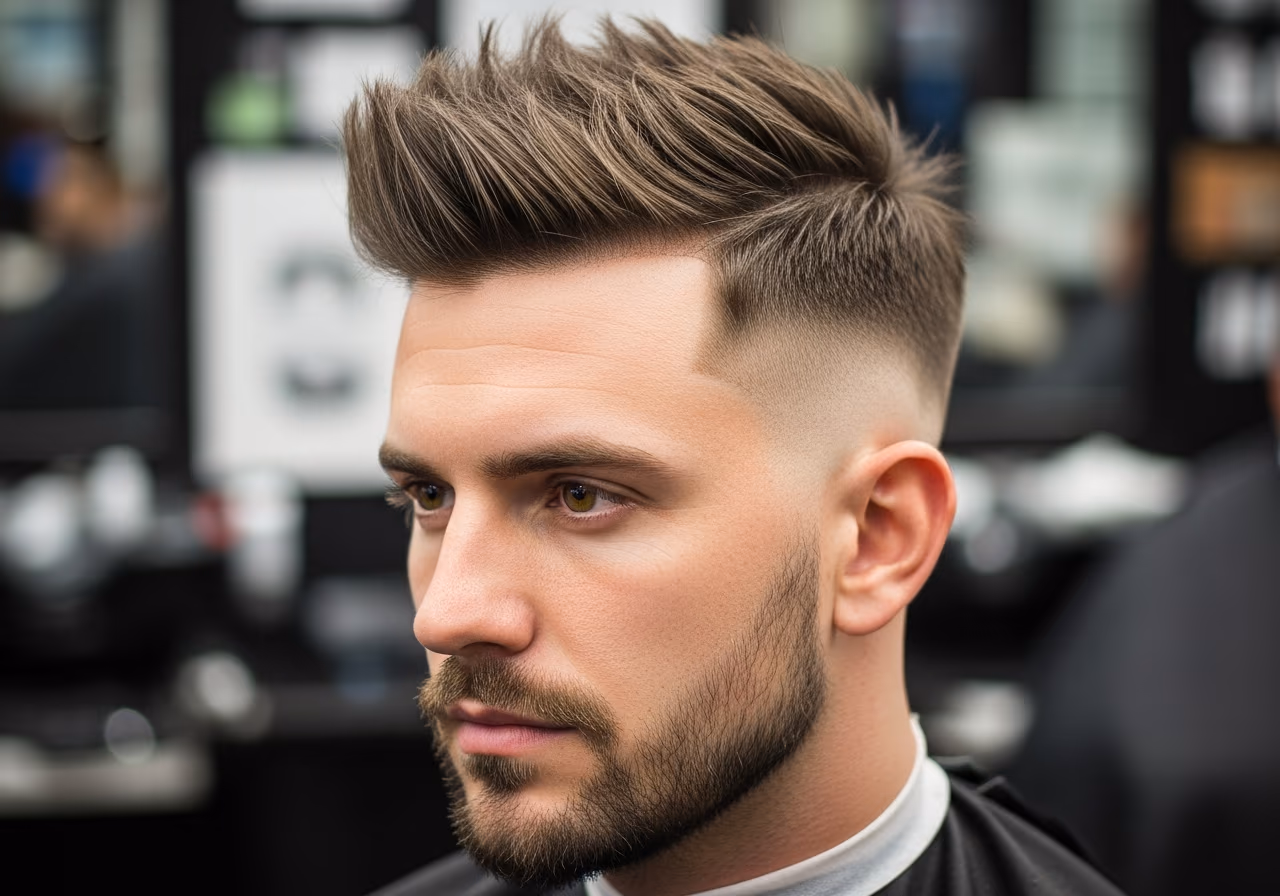 Textured Spikes with Fade hairstyle for men 2026 — haircuts for round faces variation, best for round faces + straight or fine hair, modern barbering by Master Stylist Jessica Hamilton