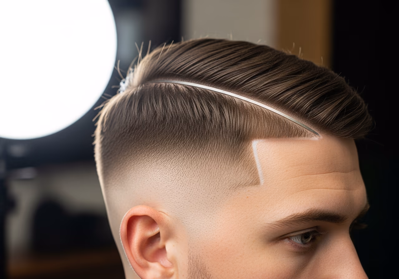 Thin Hard Part hairstyle for men 2026 — haircuts for round faces variation, best for round faces + all hair types, modern barbering by Master Stylist Jessica Hamilton