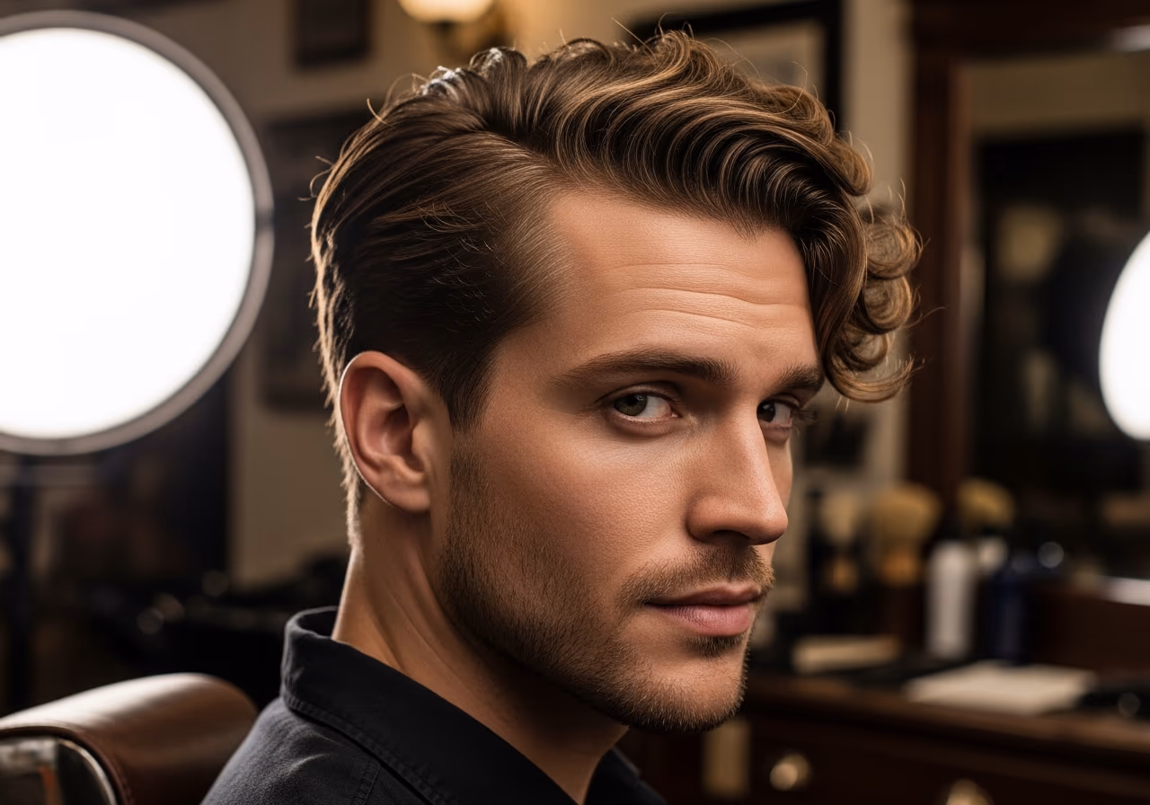 Wavy Side-Swept hairstyle for men 2026 — haircuts for round faces variation, best for round faces + wavy hair, modern barbering by Master Stylist Jessica Hamilton