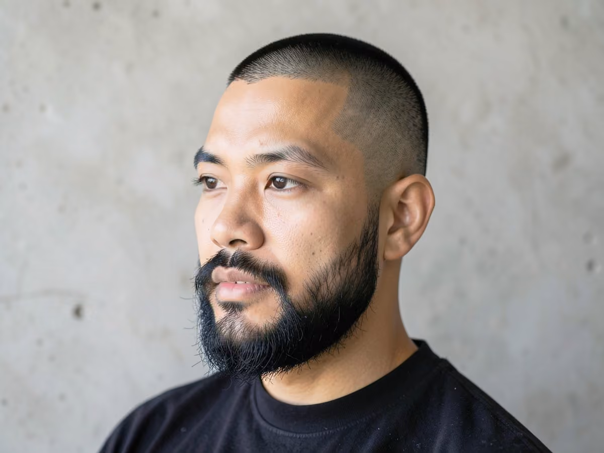 Man with a buzz cut with full beard