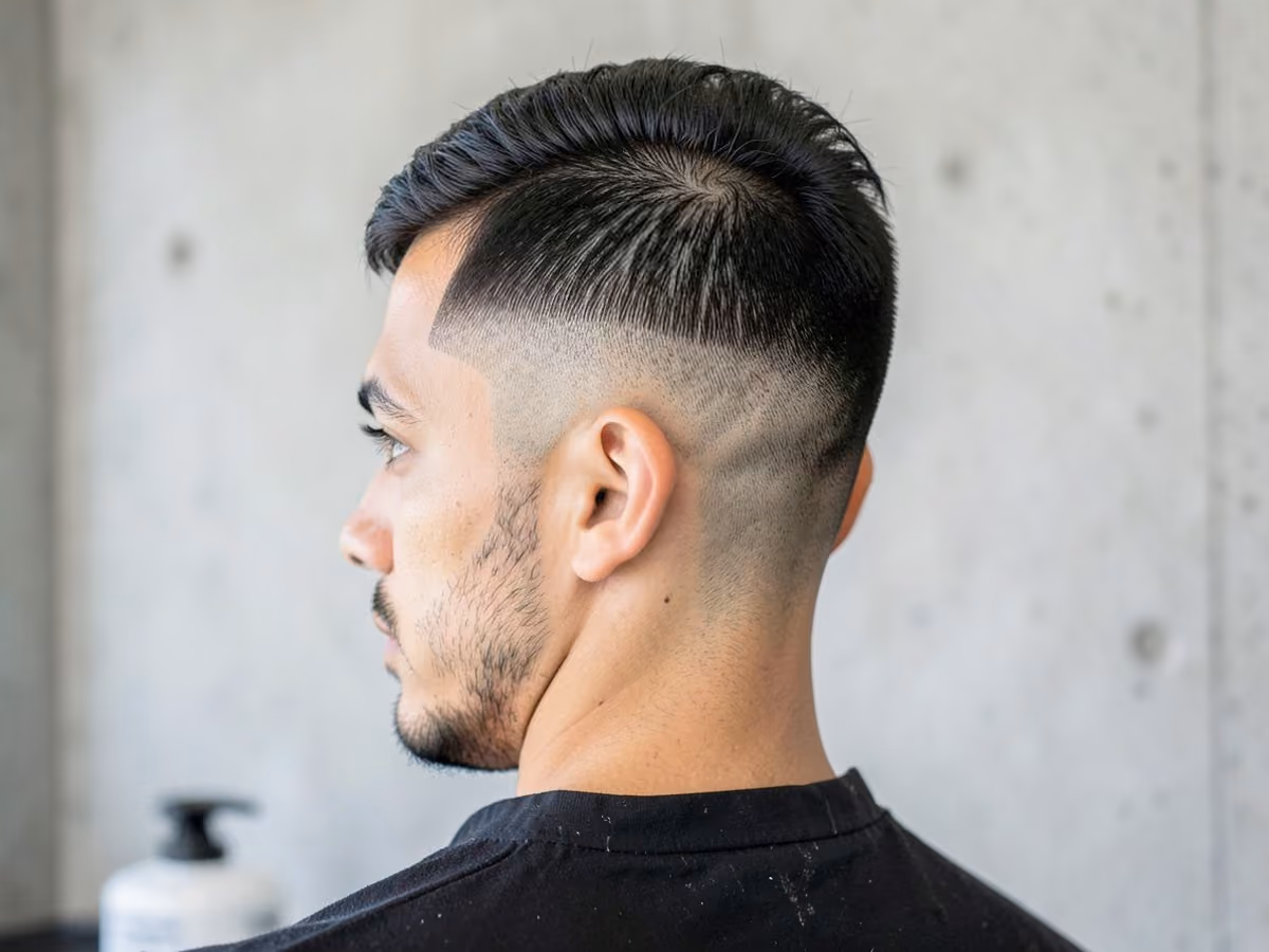 Man with a caesar fringe with line up haircut