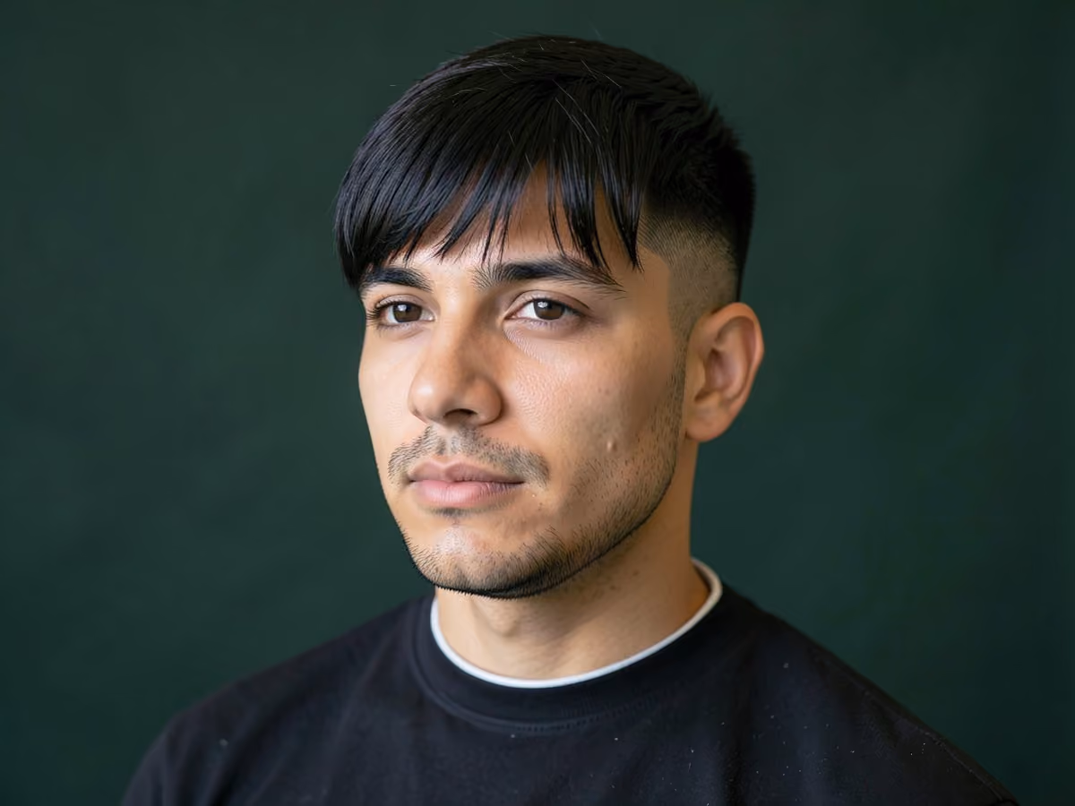 Man with a curtains with low taper haircut