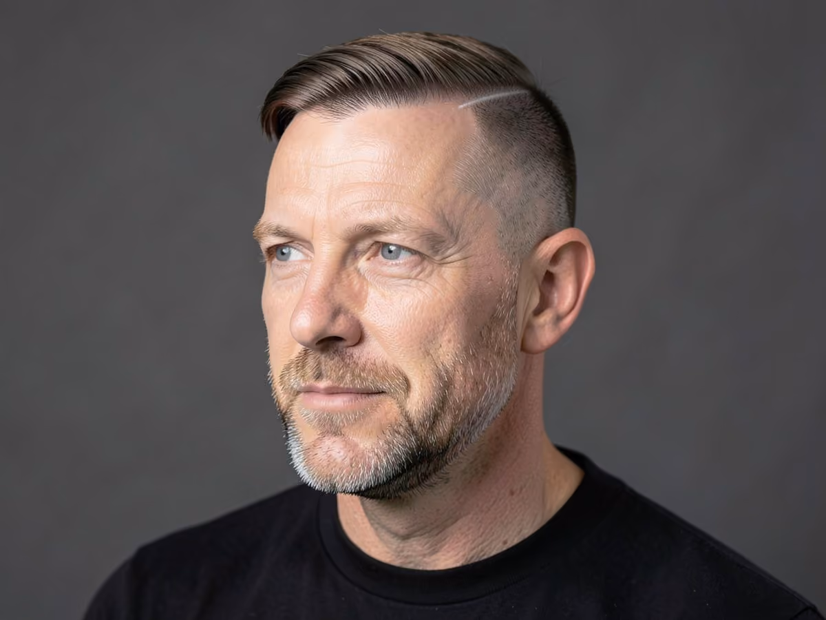 Man with a hard side part with taper