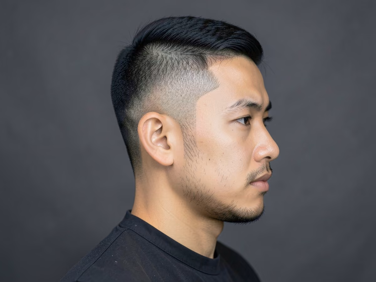 Man with a longer buzz cut with taper