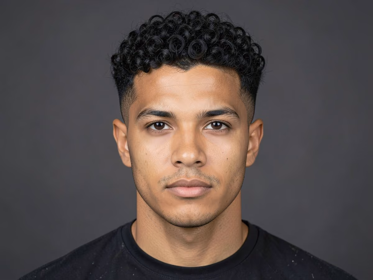Man with a short curly wolf cut