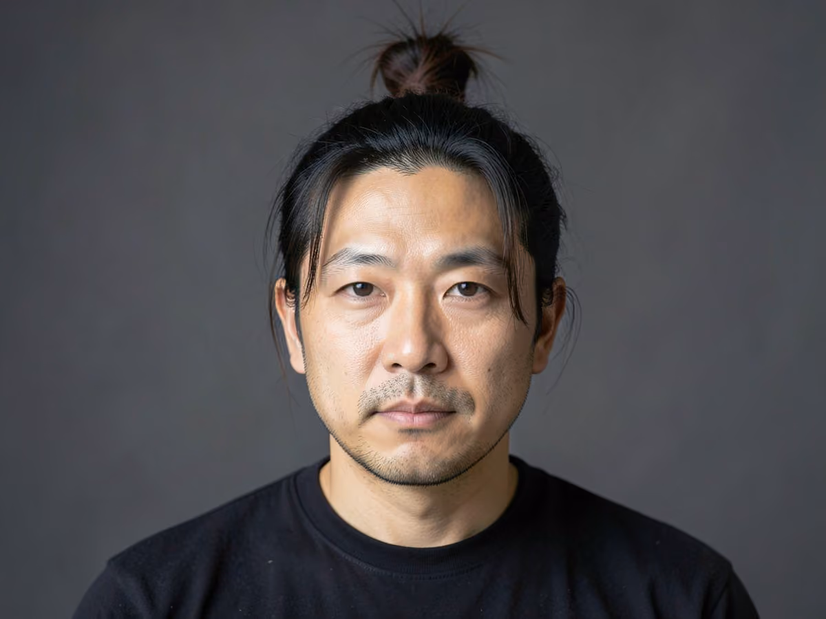 Man with a messy half up bun haircut