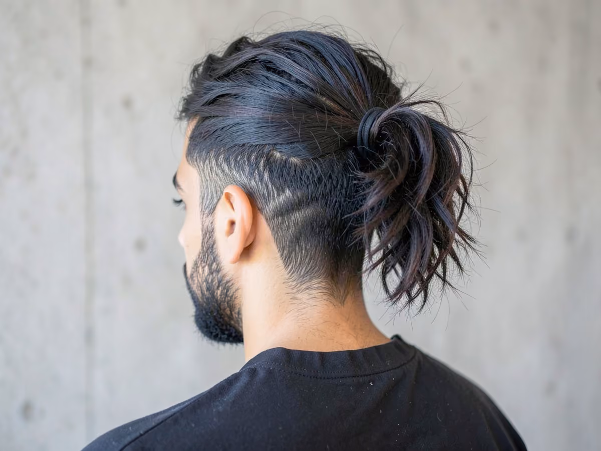 Man with a messy low ponytail haircut