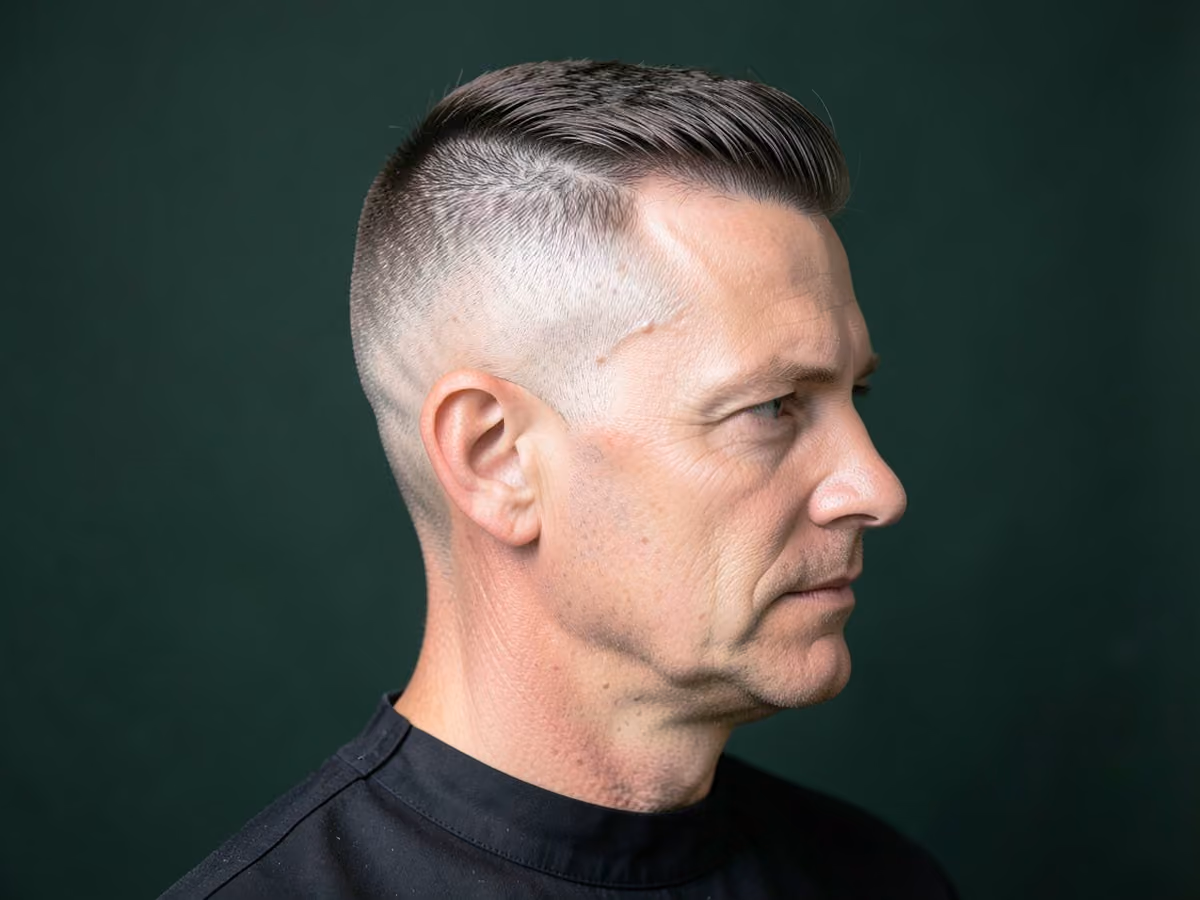 Man with a short regulation comb over haircut