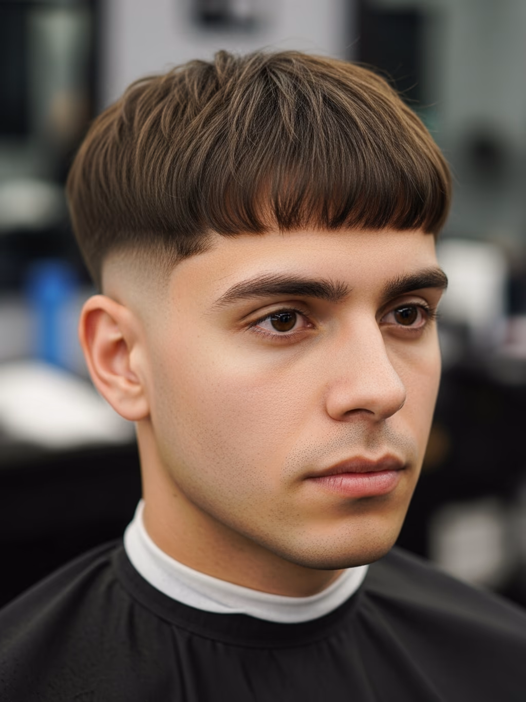 Faded Modern Bowl Cut hairstyle for men 2026 — modern bowl cut variation, best for heart-shaped faces balancing forehead width, modern barbering by Master Stylist Jessica Hamilton