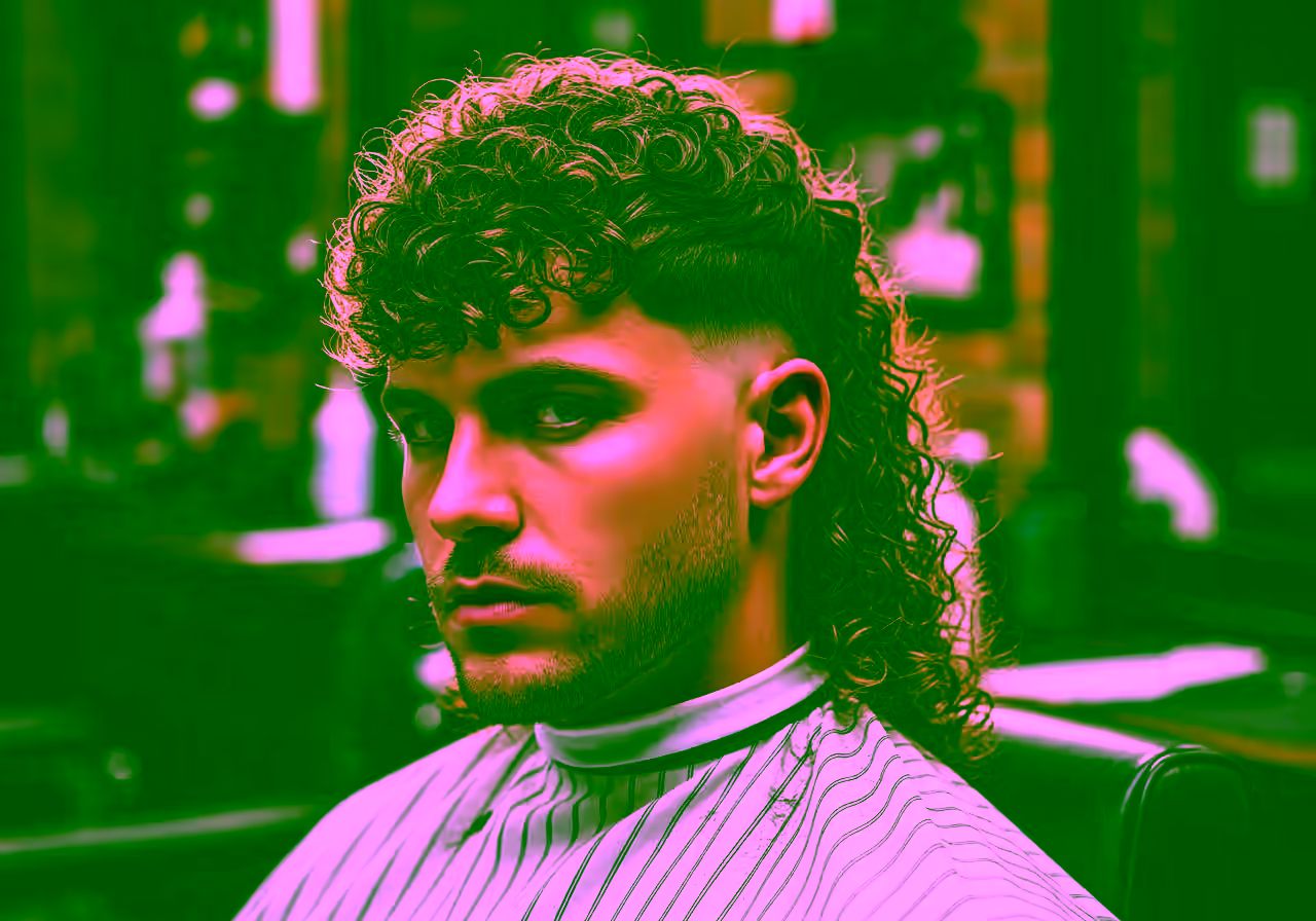 Curly Mullet with Volume hairstyle for men 2026 — modern mullet variation, best for oval, heart faces + 3b–4a curls, modern barbering by Master Stylist Jessica Hamilton
