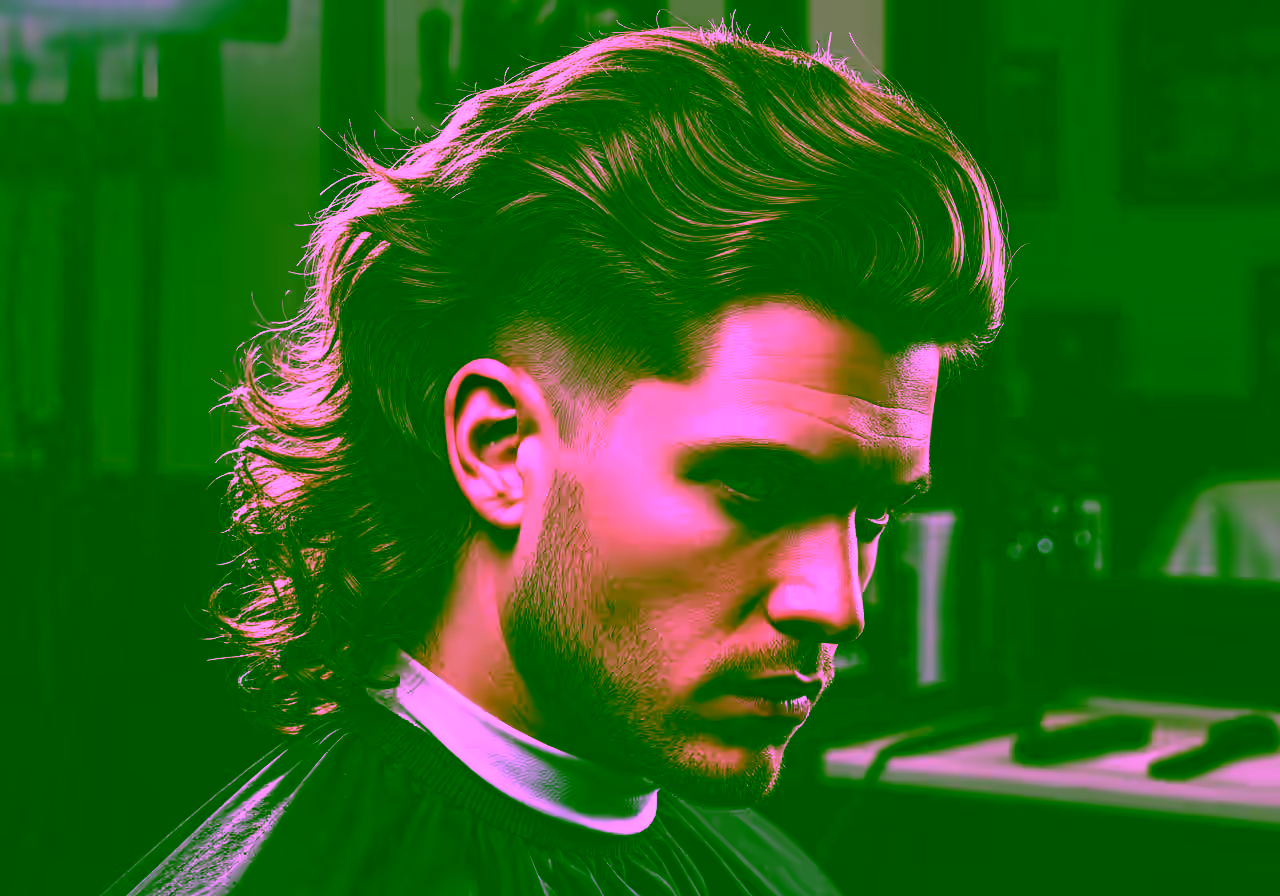Long Modern Mullet hairstyle for men 2026 — modern mullet variation, best for oval, heart faces + wavy/curly hair, modern barbering by Master Stylist Jessica Hamilton