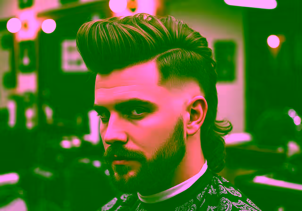 Mullet Quiff hairstyle for men 2026 — modern mullet variation, best for oval, round faces + thick hair, modern barbering by Master Stylist Jessica Hamilton