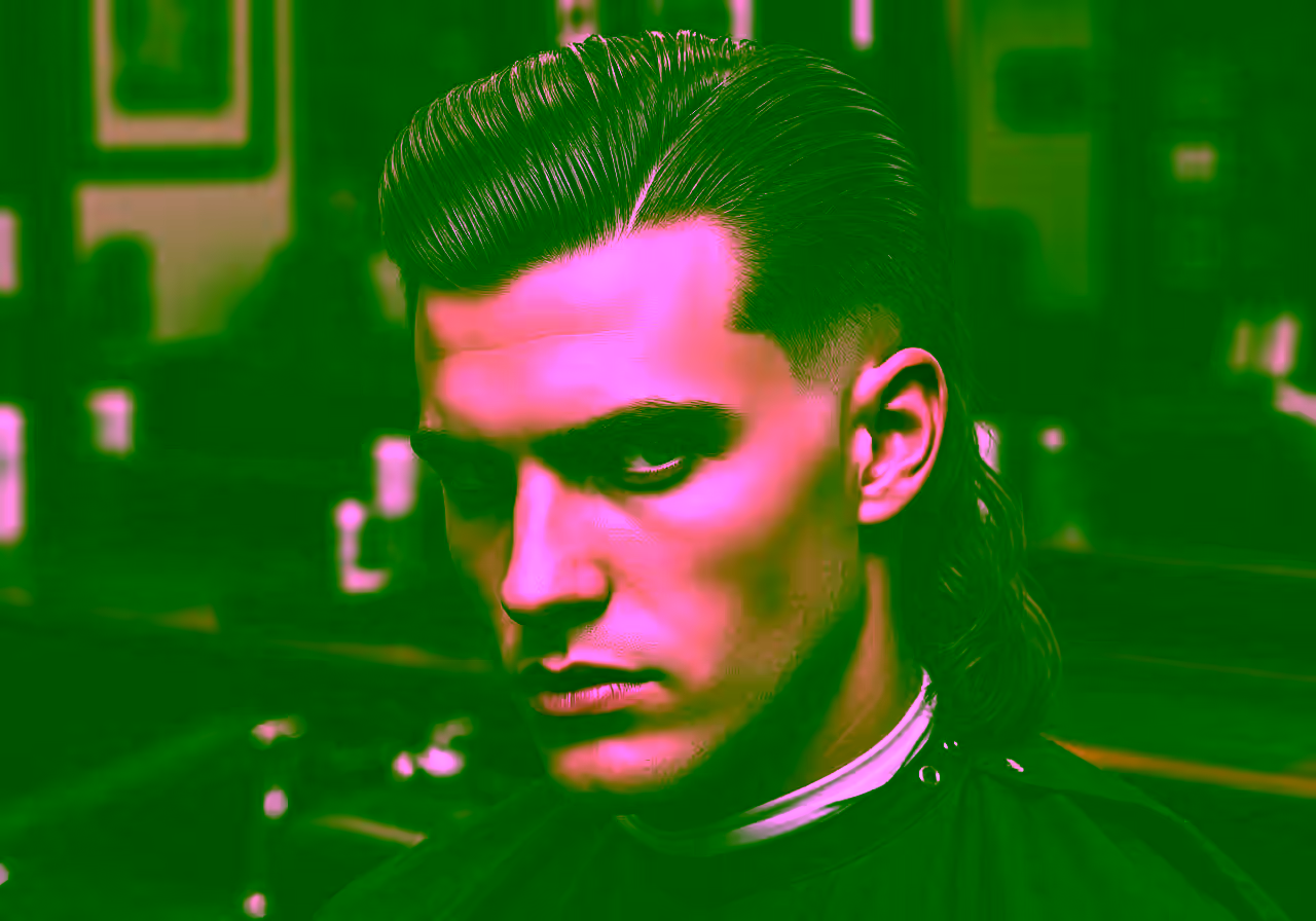 Mullet Slick Back hairstyle for men 2026 — modern mullet variation, best for heart, oval faces + straight hair, modern barbering by Master Stylist Jessica Hamilton