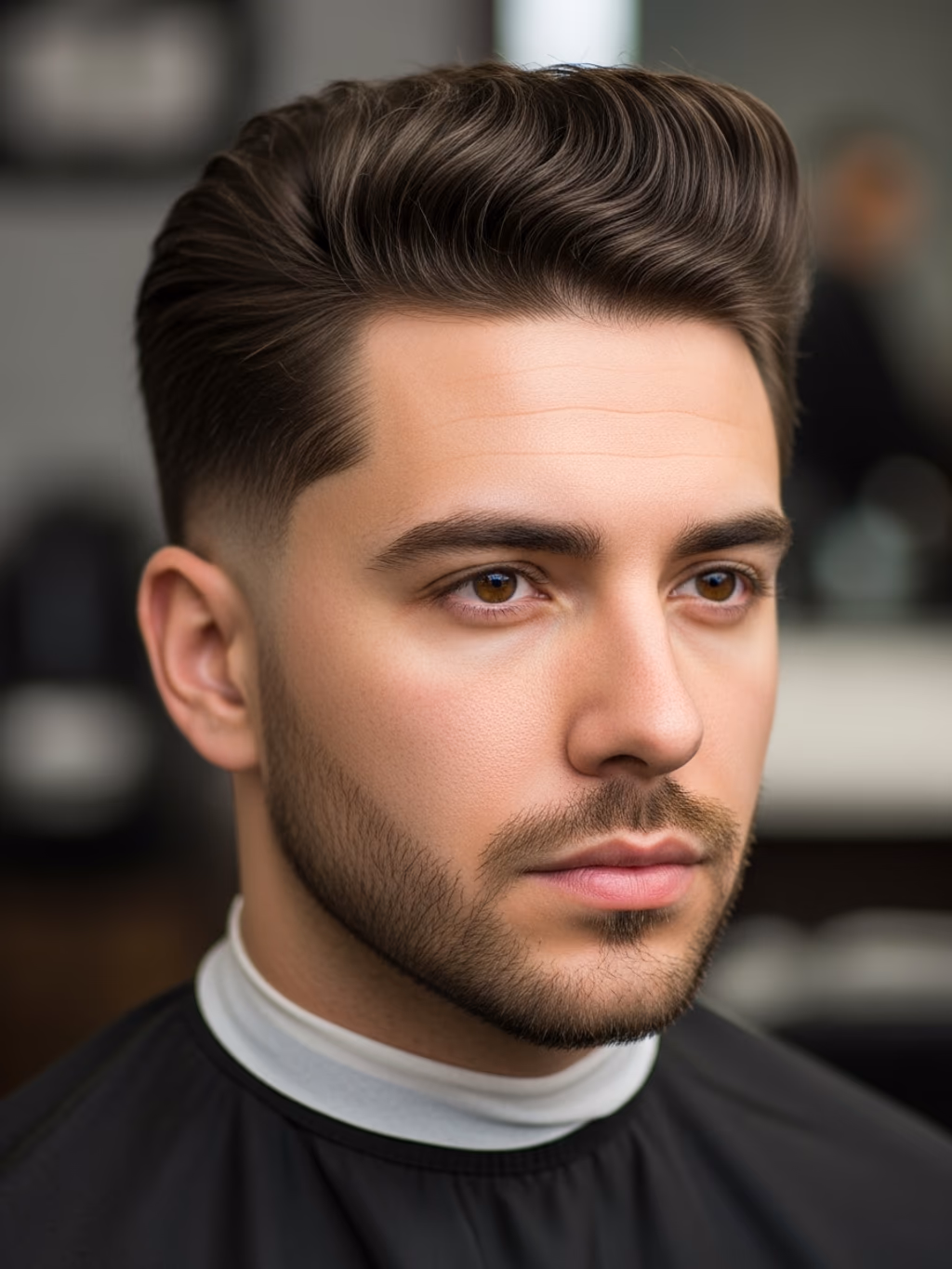 Faded Modern Pompadour hairstyle for men 2026 — modern pompadour variation, best for heart-shaped faces balancing forehead width, modern barbering by Master Stylist Jessica Hamilton