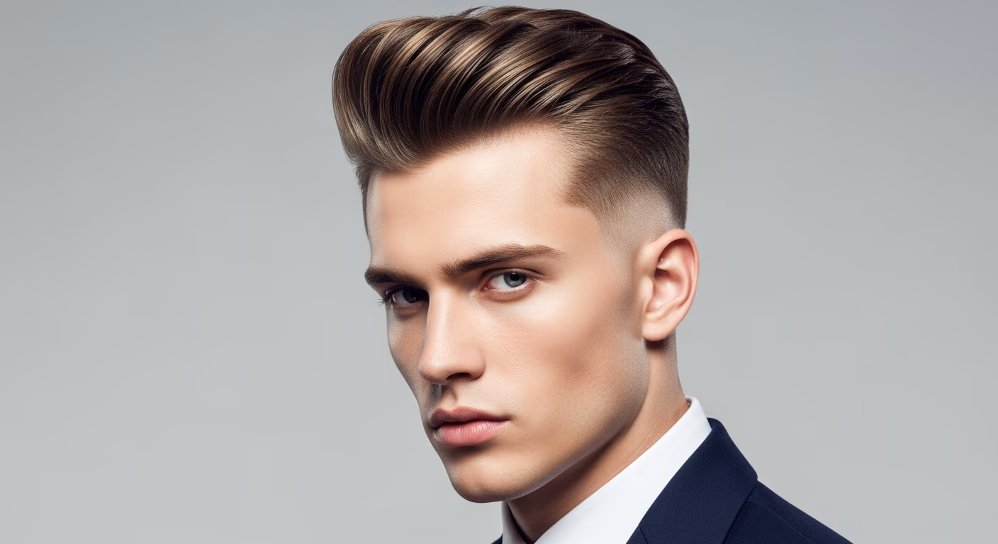Long Face Modern Pompadour hairstyle for men 2026 — modern pompadour variation, best for students and gen z, modern barbering by Master Stylist Jessica Hamilton