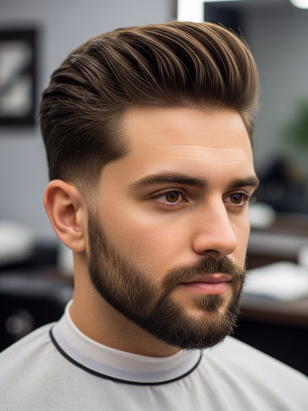 Textured Modern Pompadour hairstyle for men 2026 — modern pompadour variation, best for round faces seeking elongation, modern barbering by Master Stylist Jessica Hamilton