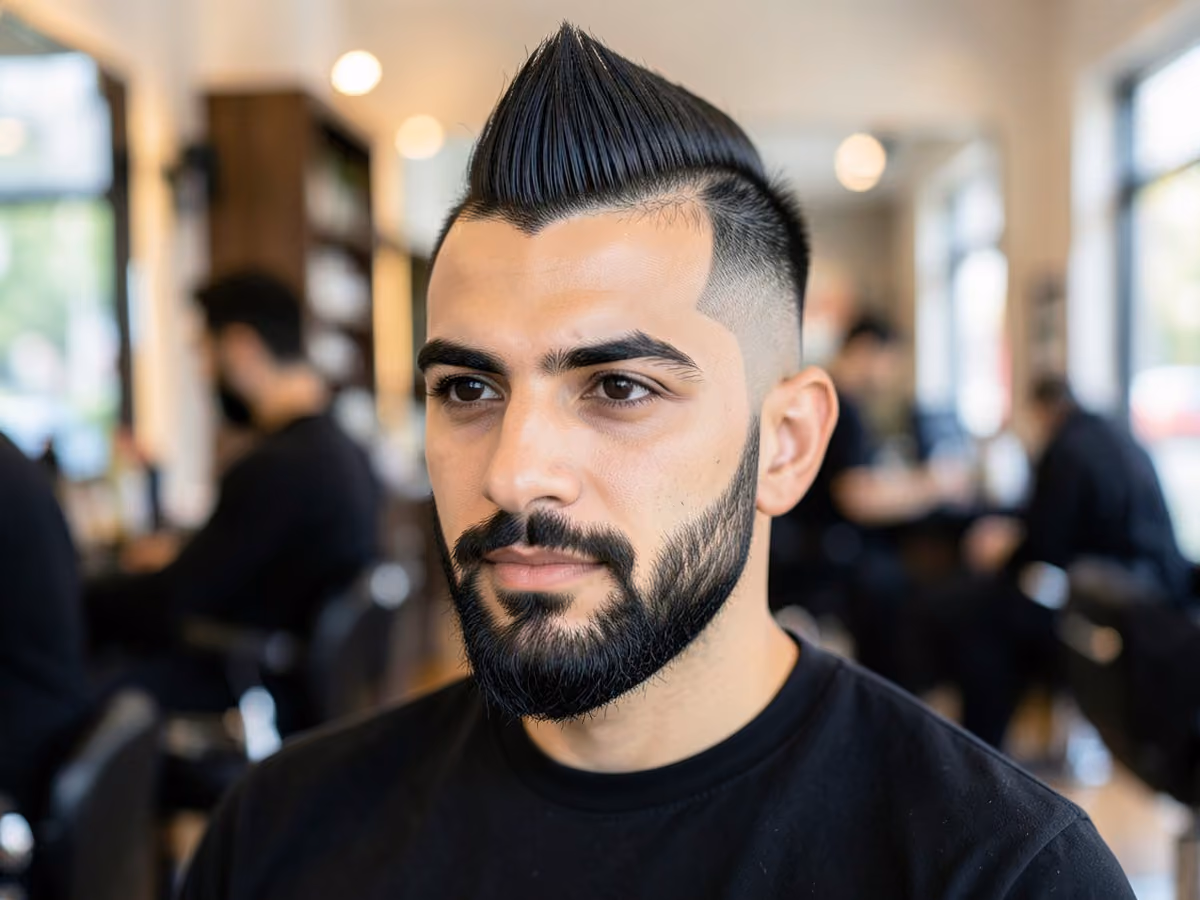 Man with a mohawk fade with boxed beard