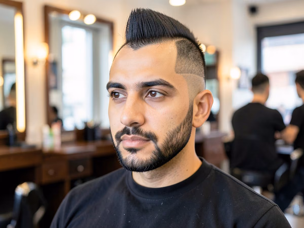 Man with a mohawk fade with chin strap