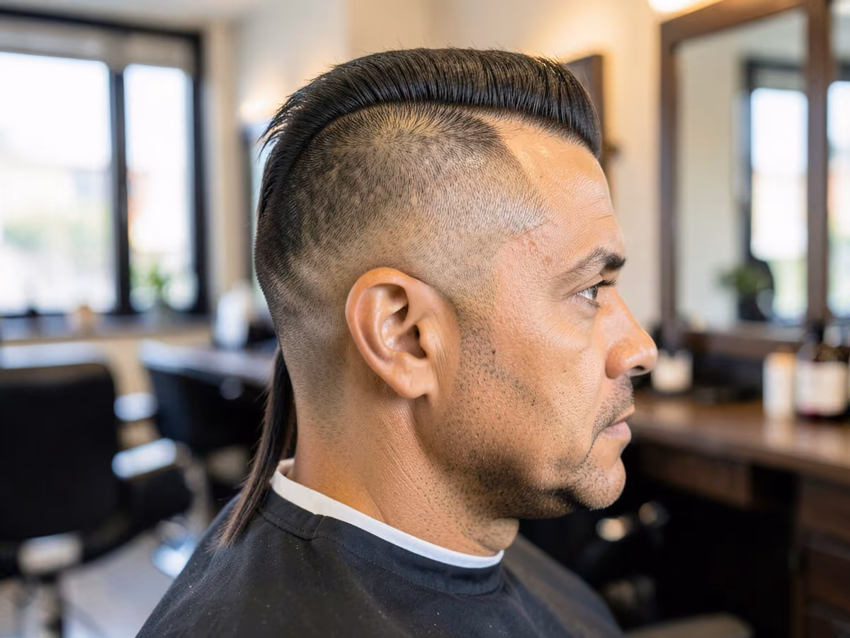 Man with a mohawk fade with rat tail