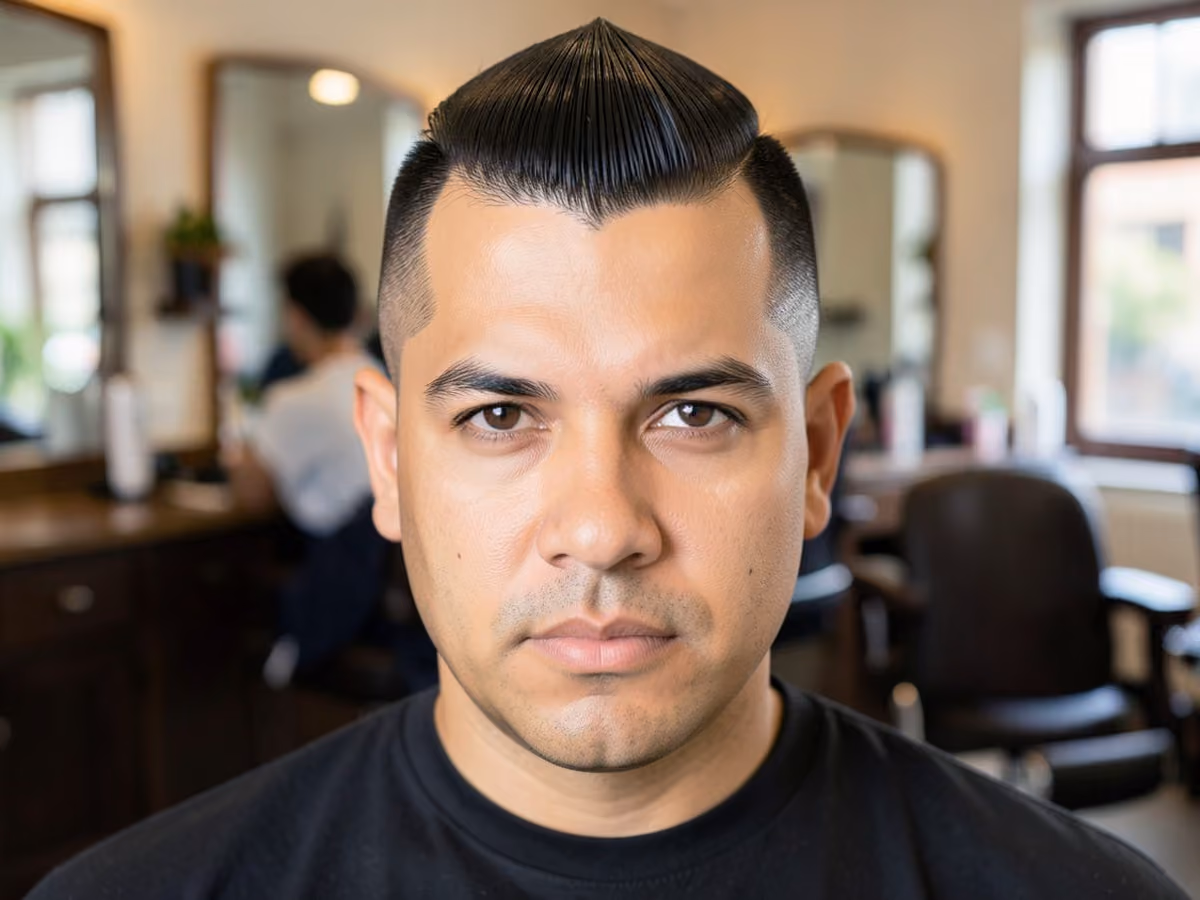Man with a slick back mohawk fade