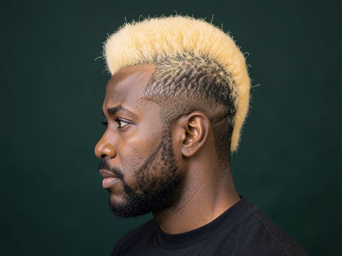 Man with a blonde afro mohawk
