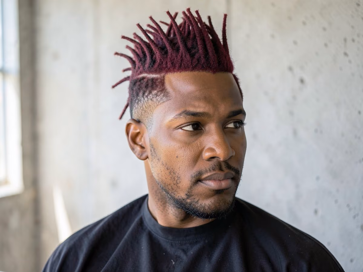 Man with a burgundy loc mohawk