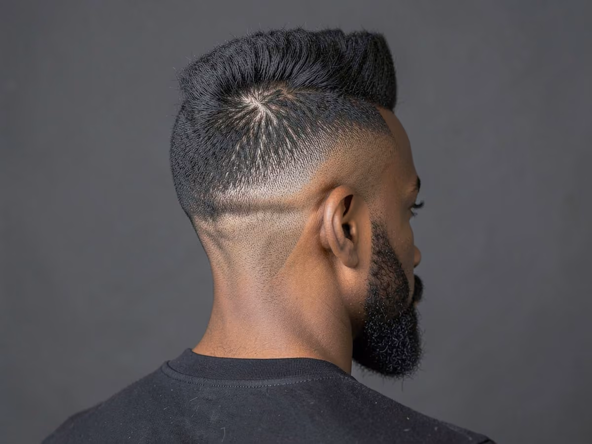 Man with a burst fade afro mohawk
